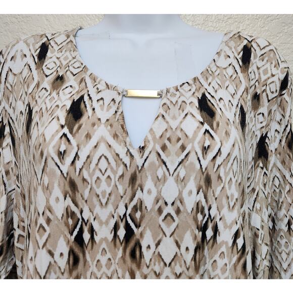 Ruby Rd. Brown Tan Black Geo Print Top XL Lightweight Soft Stretchy Round Neck - Picture 2 of 5